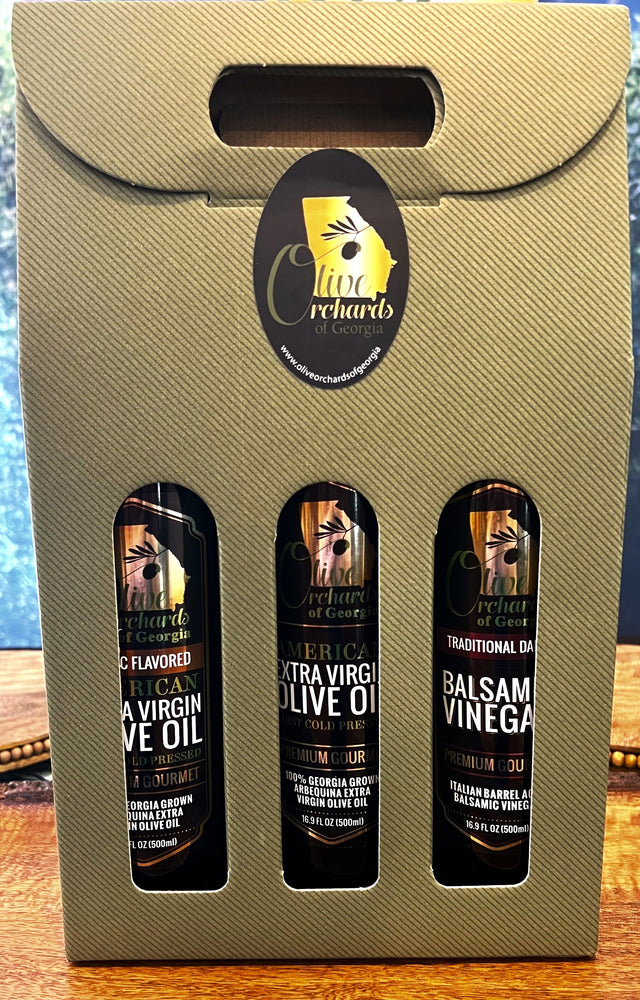 Three Bottle Gift Pack - 16oz/500ml (1 Arbequina Extra Virgin Olive Oil, 1 Garlic Flavored Extra Virgin Olive Oil, 1 Dark Balsamic Vinegar